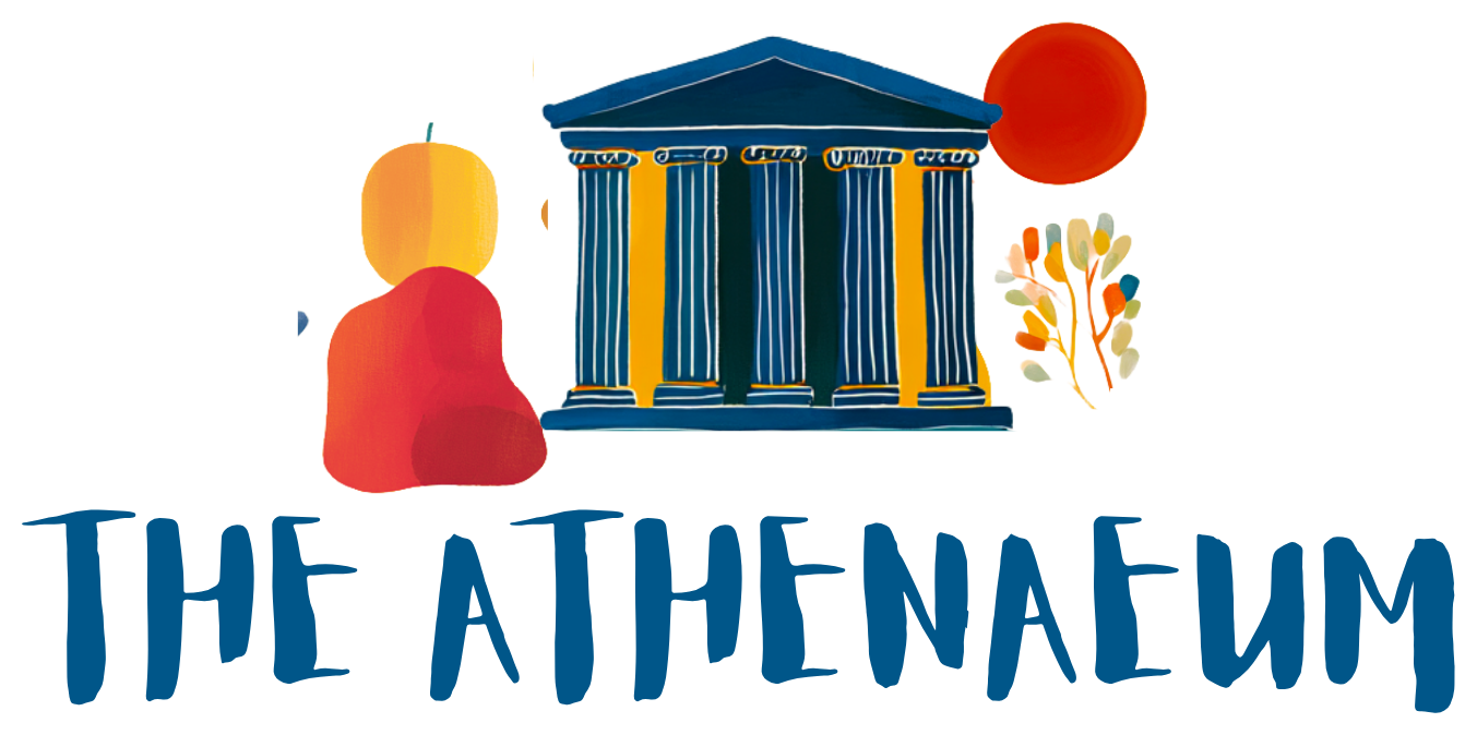 The Athenaeum — a Greek temple flanked by painted fruit figures and a red sun